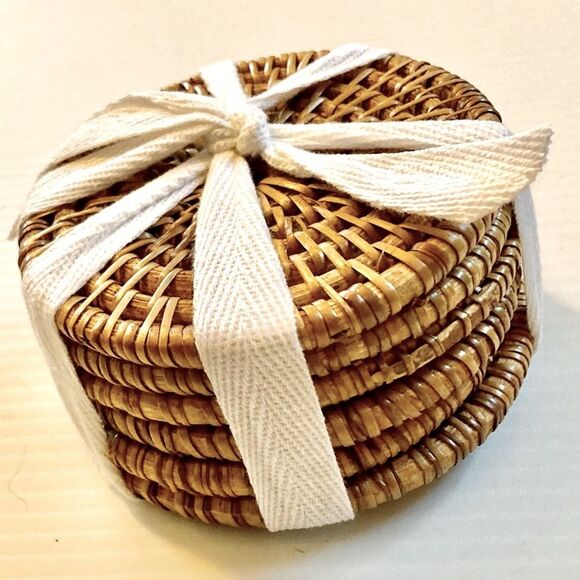 Woven Coasters Wicker Rattan Boho Bohemian 4" Across Set of 6 - Picture 2 of 10